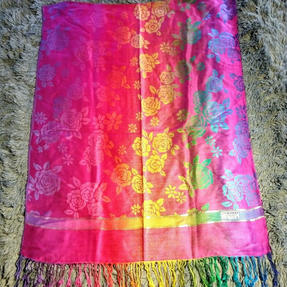 (SOLD) 💗💐 Pink Floral Rainbow Pashmina Scarf
